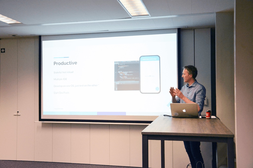 Yannick while giving a talk about Flutter